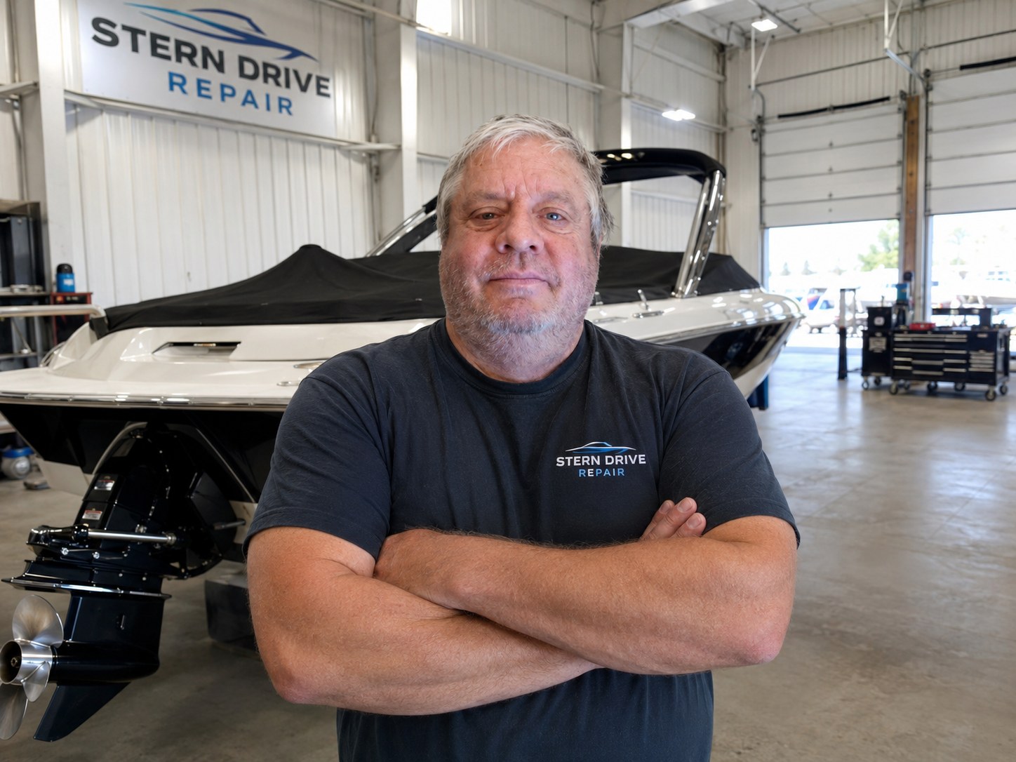 Brad Pynn, sterndrive and I/O rebuild specialist, in his shop